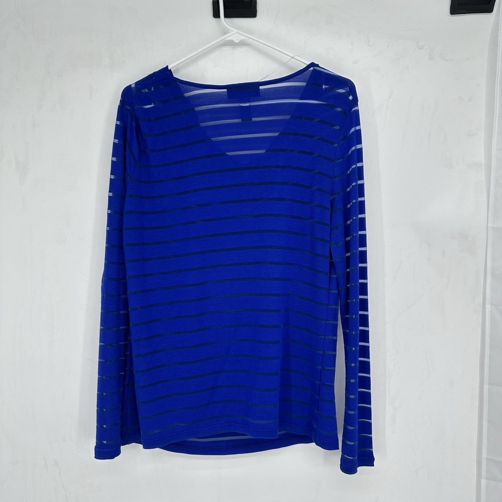INC Women's Blue Sheer Stripe Cowl Neck Top L Elegant Office Chic Minimalist - Picture 2 of 9